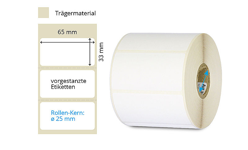 Etiketten auf Rolle im Format 65 x 33 mm